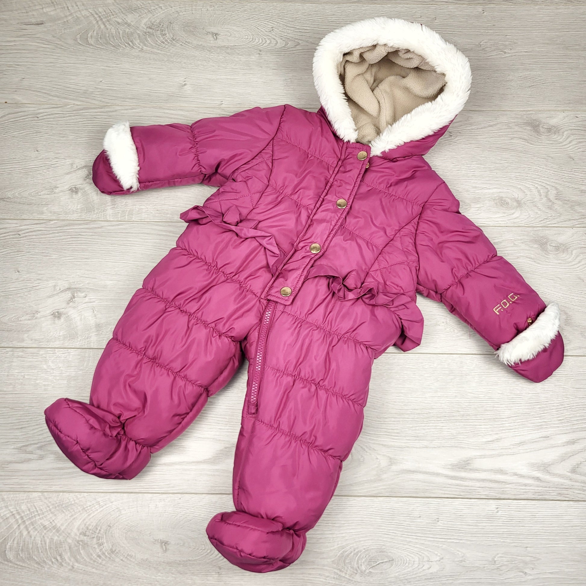 AMST3 - F.O.G. by London Fog pink fleece lined snowsuit. Size 12 months