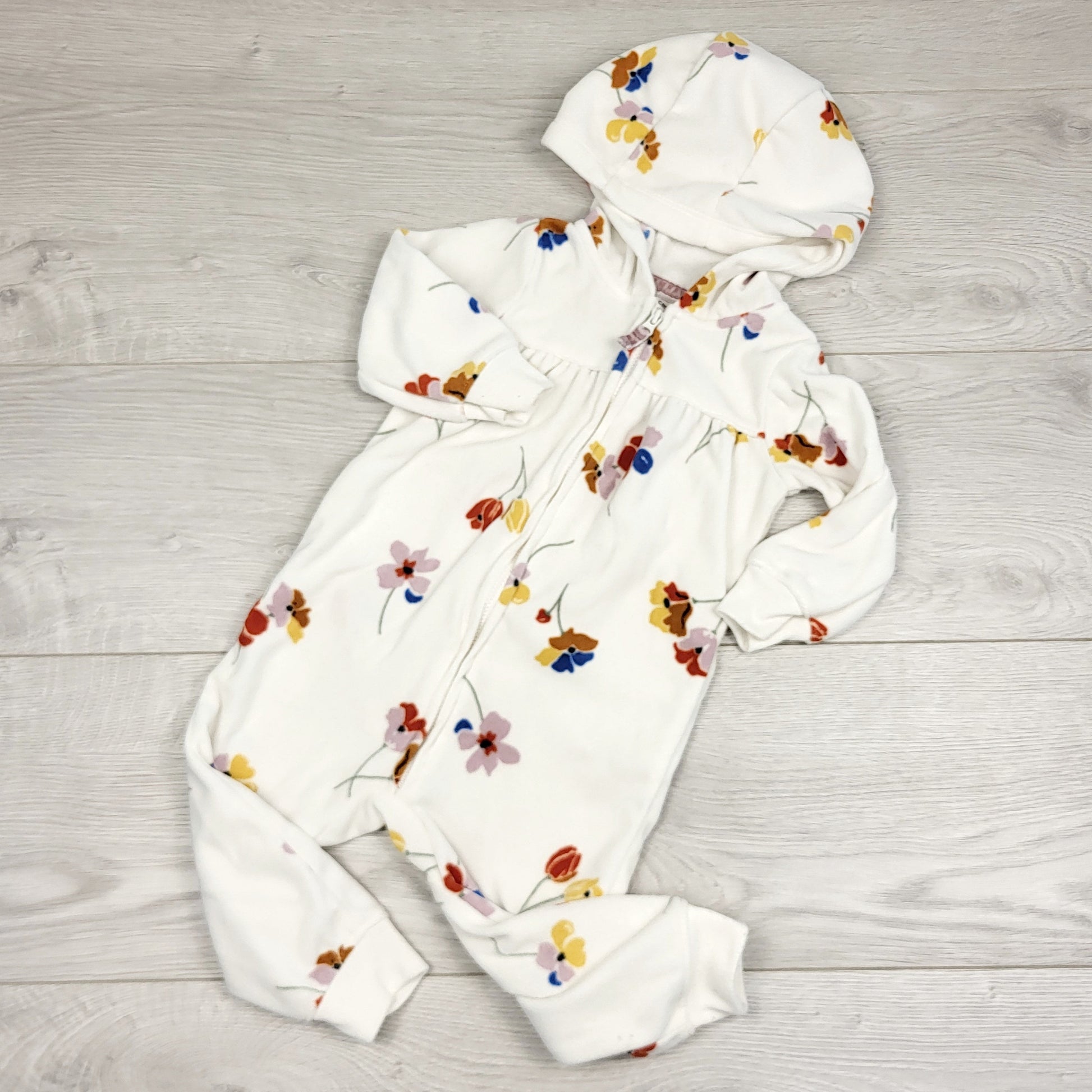 AMST3 - Carters white hooded floral print fleece romper. Size 12 months