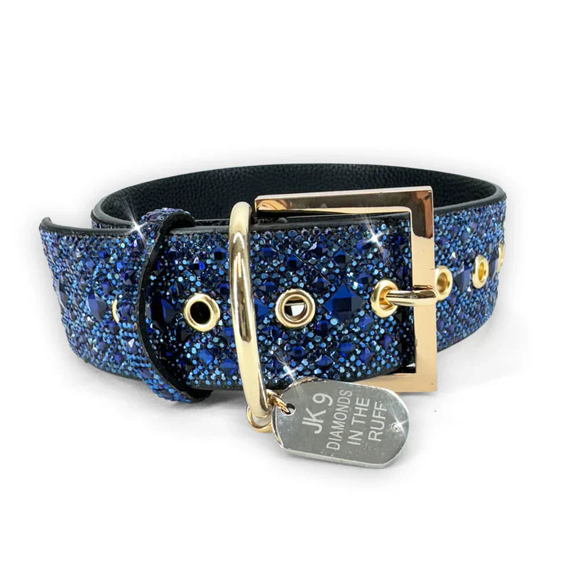 Collier bleu de luxe pour chien – Ferrures dorées | Cuir vegan souple, tailles ajustables