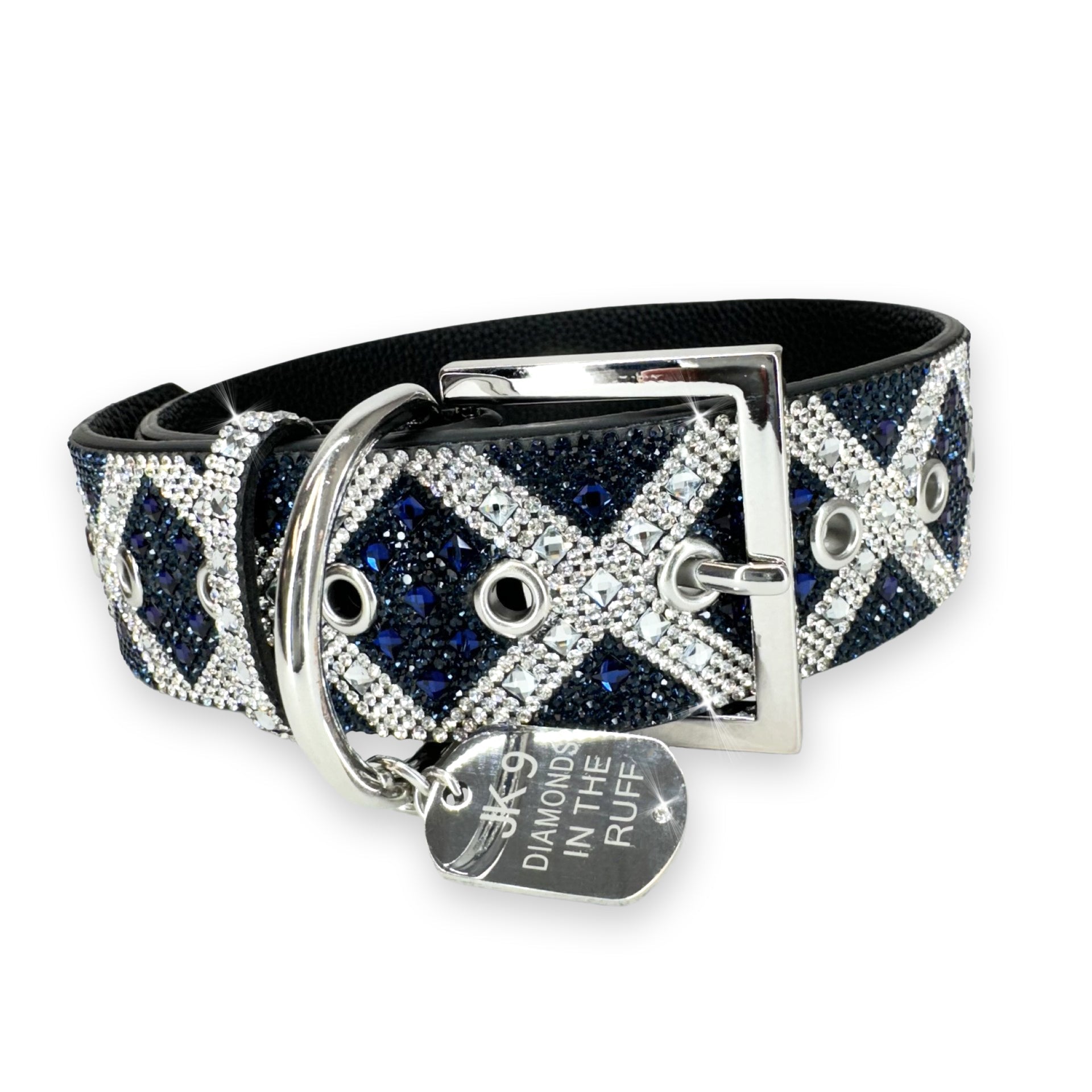 Collier de luxe pour chien à imprimé croix bleu marine – Ferrures argentées | Cuir vegan souple, tailles ajustables