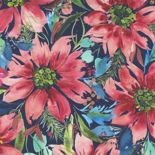 Starflower Christmas; Watercolour Poinsettia - Navy, 1/4 yard