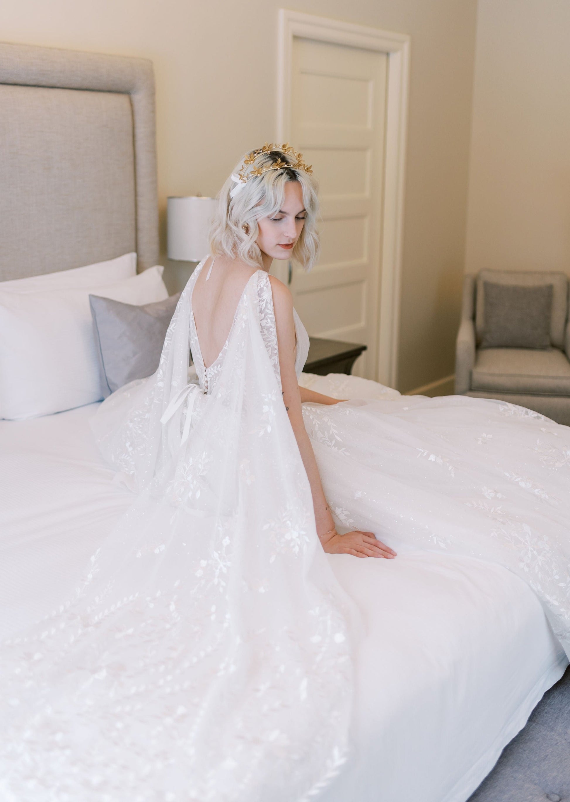 OPHELIA Golden Brass Double Headband Crown with Bows