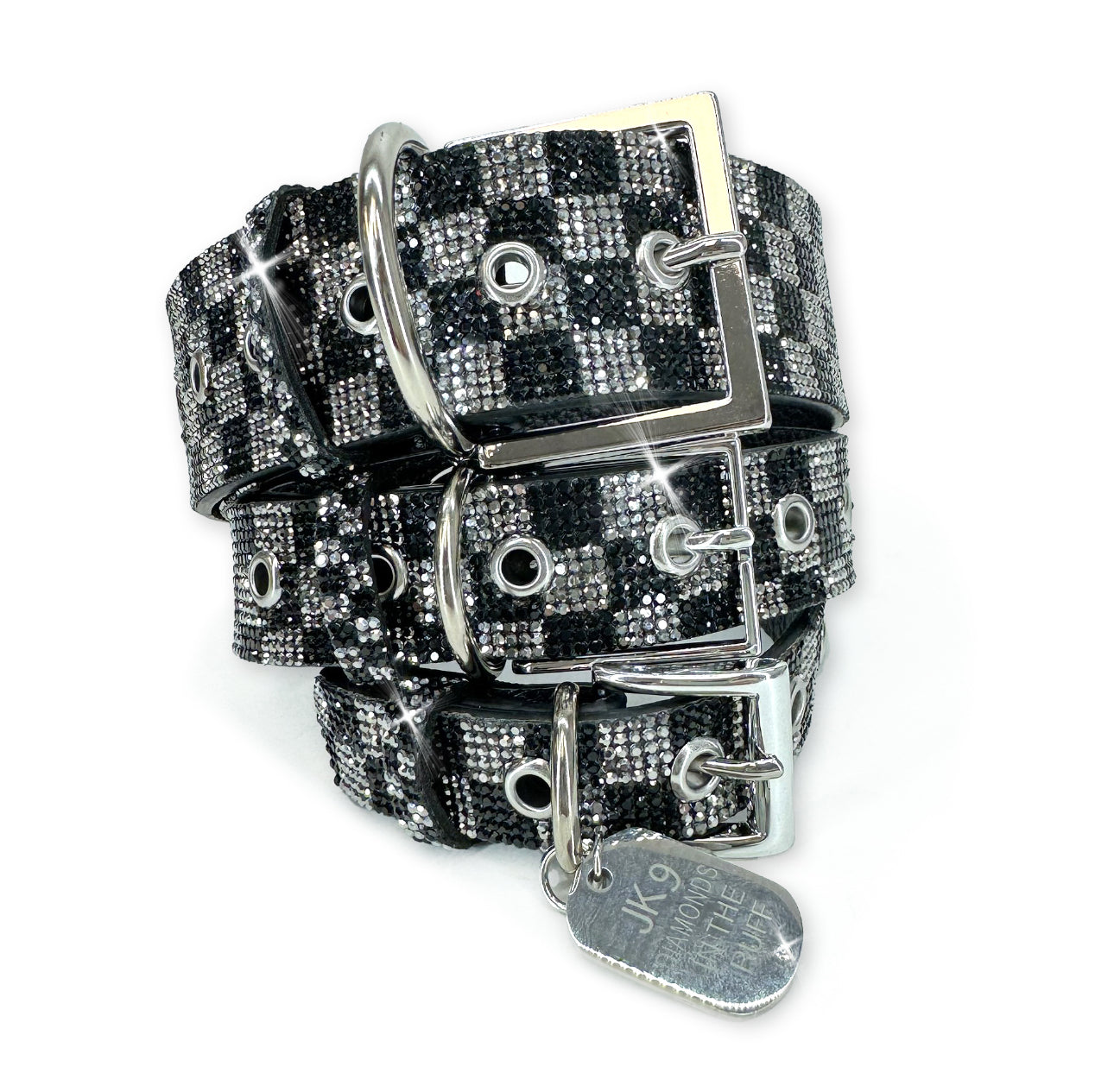 Collier de luxe pour chien à carreaux gris foncé – Ferrures argentées | Cuir vegan souple, tailles ajustables