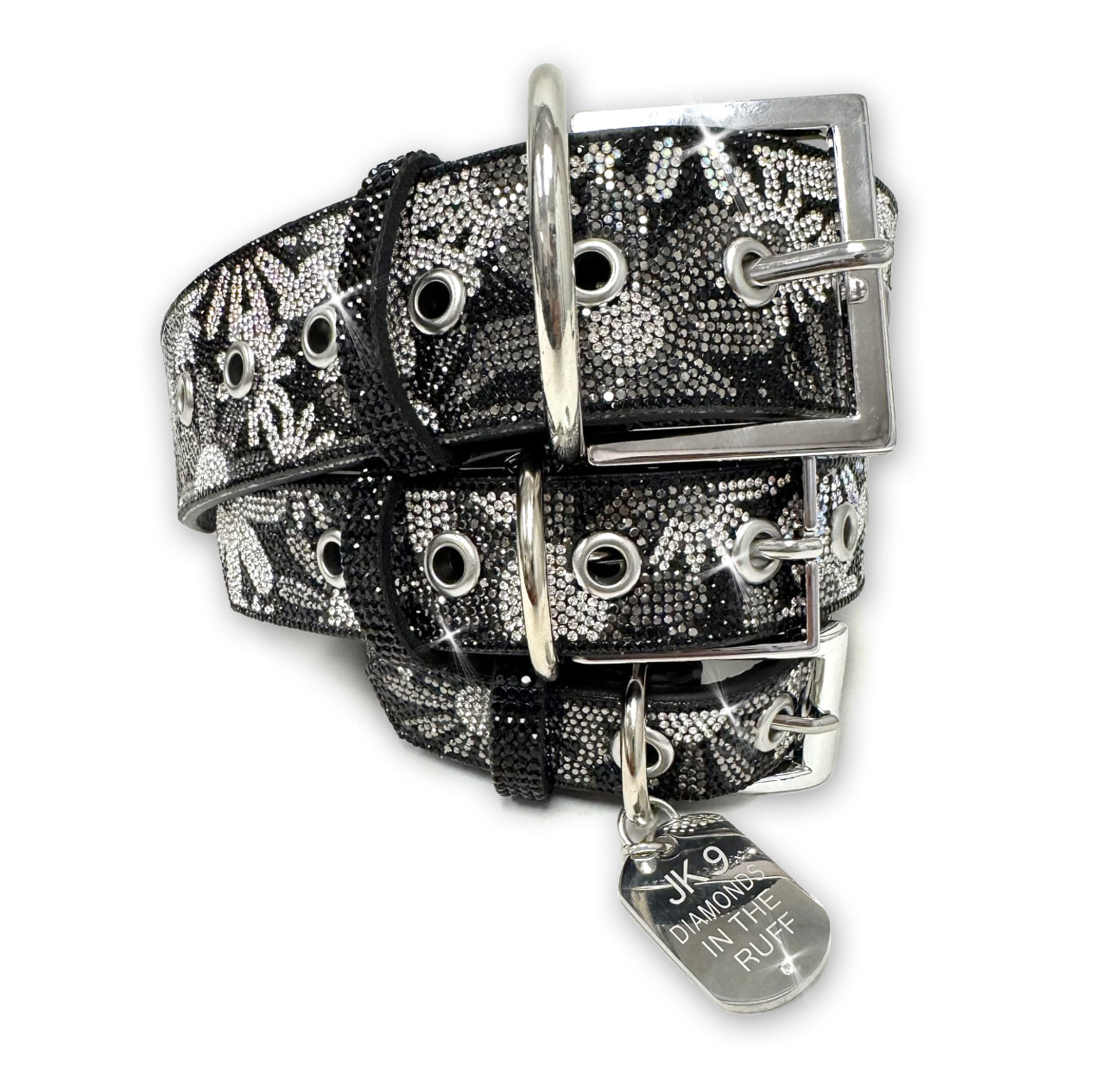 Collier de luxe noir à imprimé floral pour chien – Ferrures argentées | Cuir vegan souple, tailles ajustables