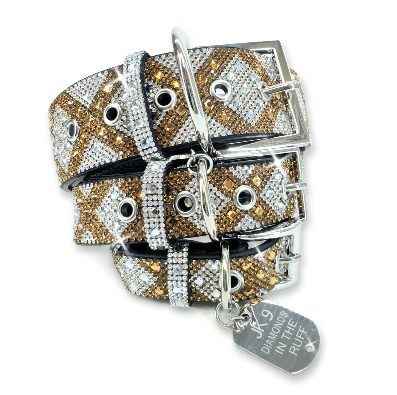 Collier de luxe pour chien avec imprimé croix dorée – Ferrures argentées | Cuir vegan souple, tailles ajustables