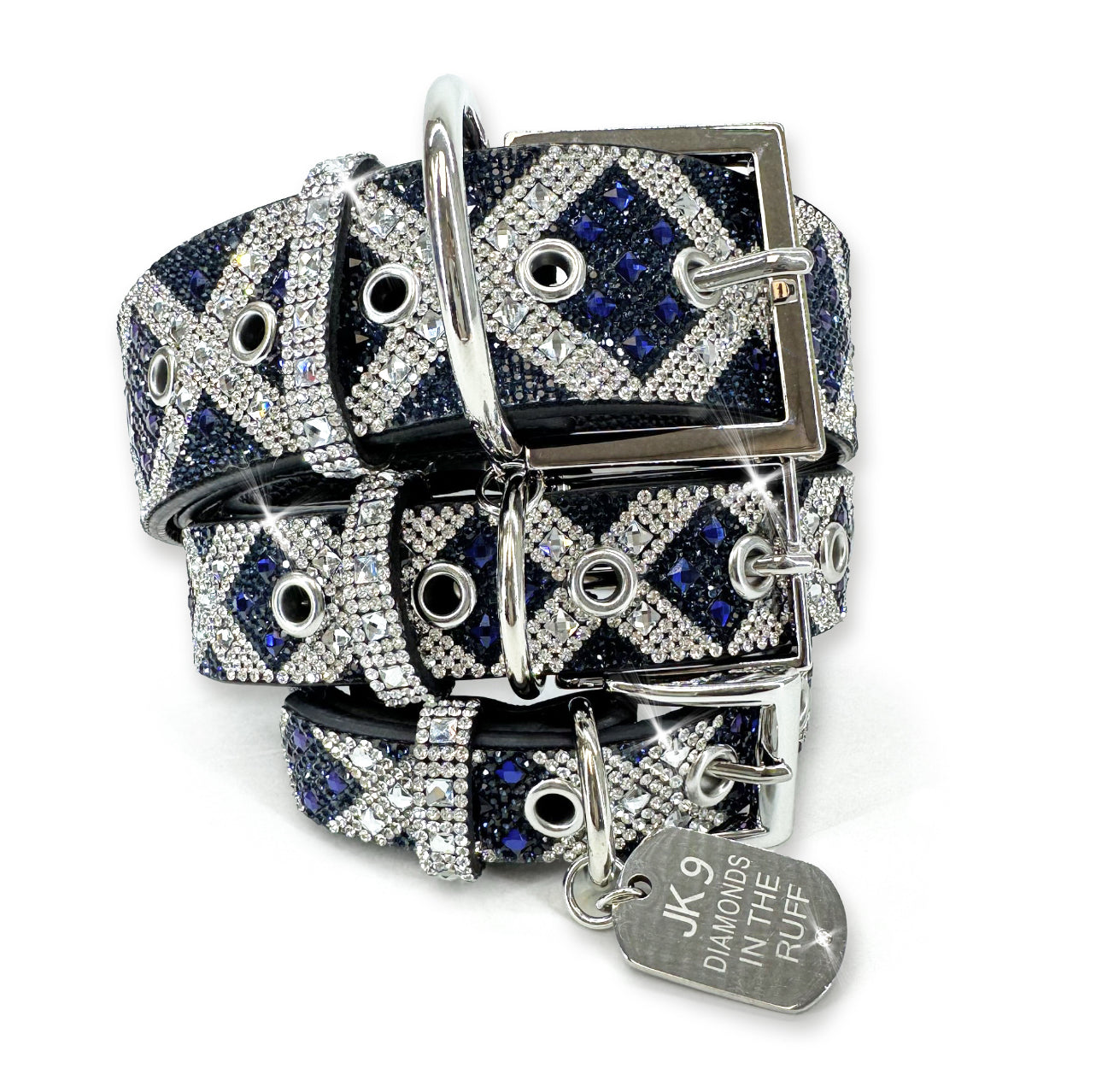 Collier de luxe pour chien à imprimé croix bleu marine – Ferrures argentées | Cuir vegan souple, tailles ajustables