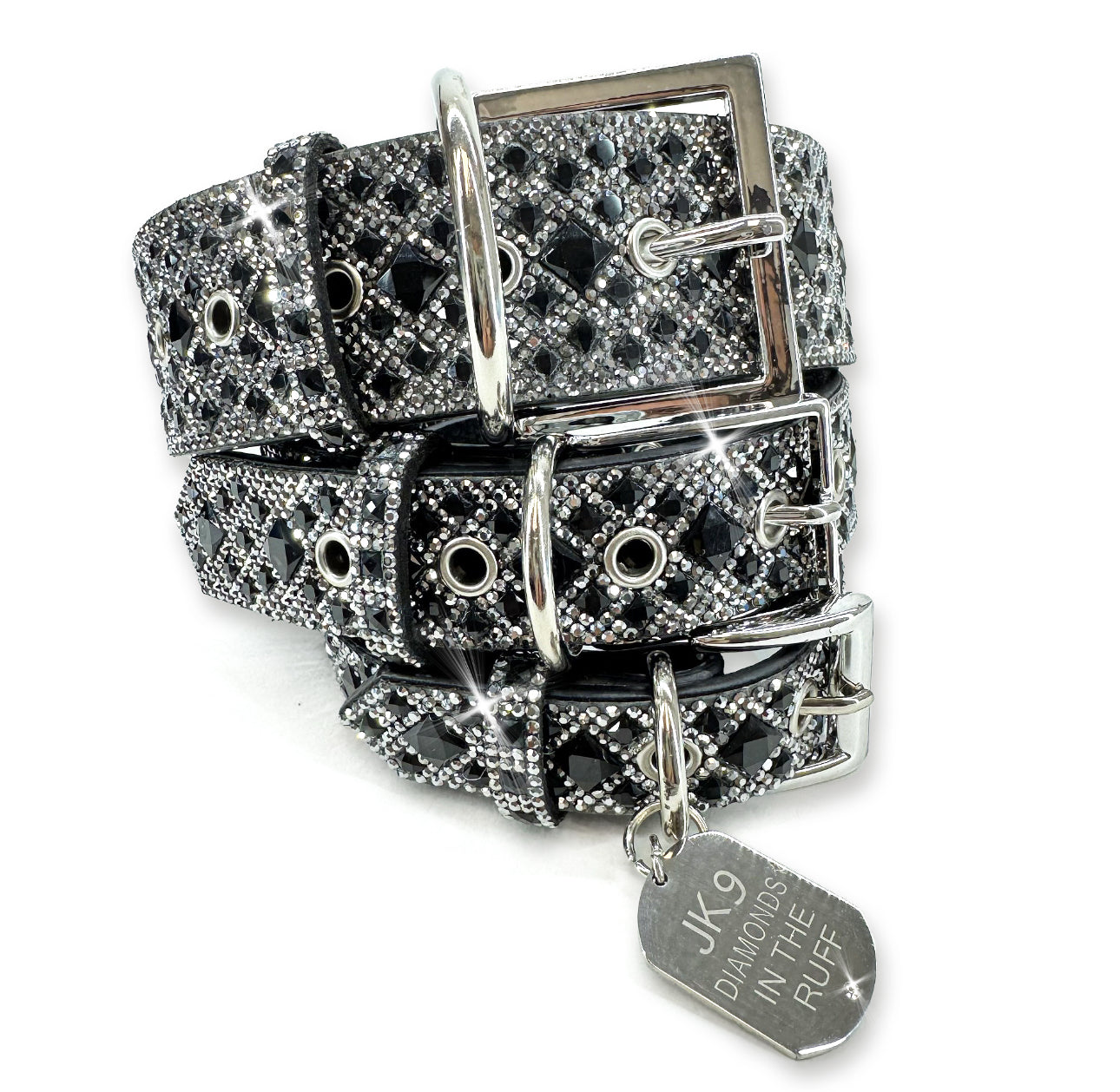 Collier de luxe pour chien à imprimé diamant noir – Ferrures argentées | Cuir vegan souple, tailles ajustables