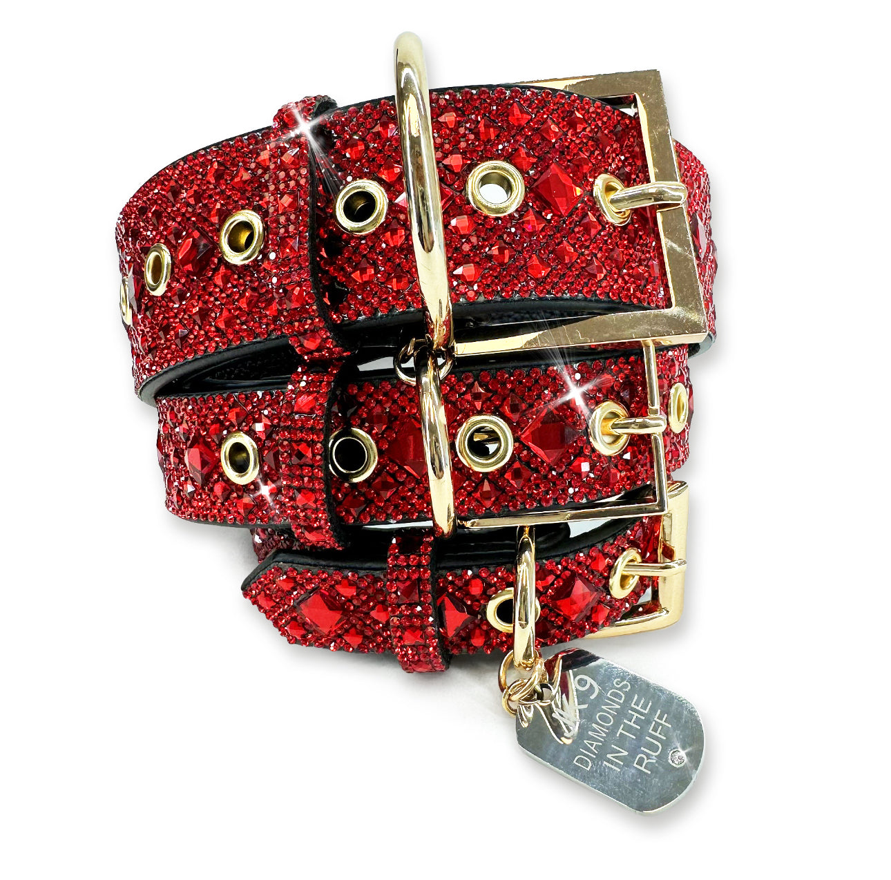 Collier de luxe pour chien imprimé rouge rubis – Ferrures dorées | Cuir vegan souple, tailles ajustables