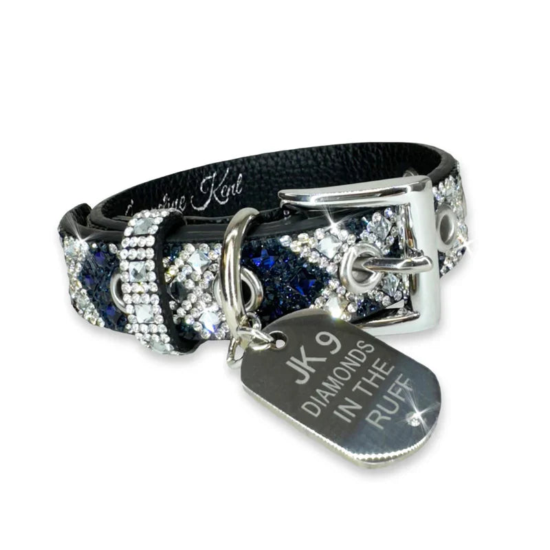 Collier de luxe pour chien à imprimé croix bleu marine – Ferrures argentées | Cuir vegan souple, tailles ajustables