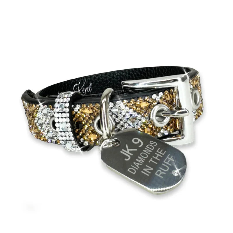 Collier de luxe pour chien avec imprimé croix dorée – Ferrures argentées | Cuir vegan souple, tailles ajustables