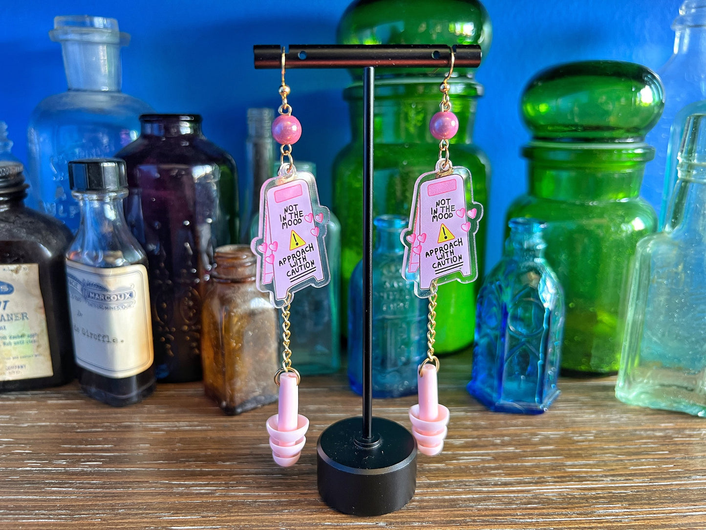 "Not in the Mood" Pink Caution Sign Earplug Earrings – Bold, Playful, and Sensory-Smart