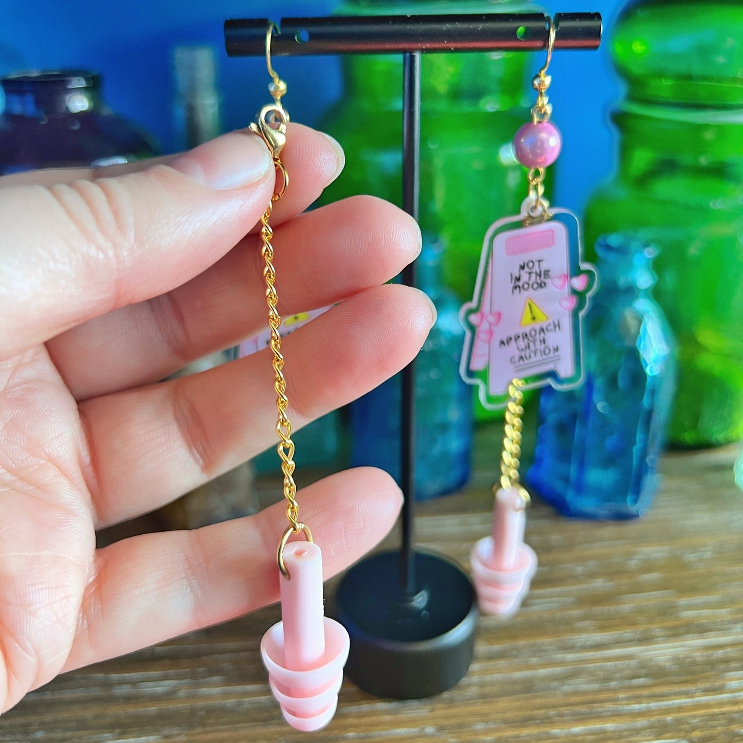 "Not in the Mood" Pink Caution Sign Earplug Earrings – Bold, Playful, and Sensory-Smart