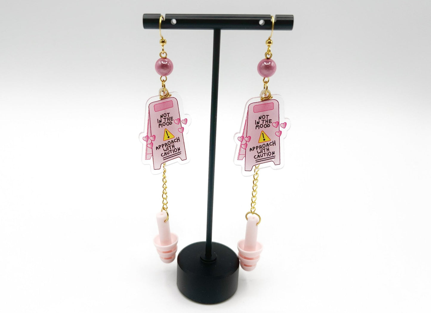 "Not in the Mood" Pink Caution Sign Earplug Earrings – Bold, Playful, and Sensory-Smart