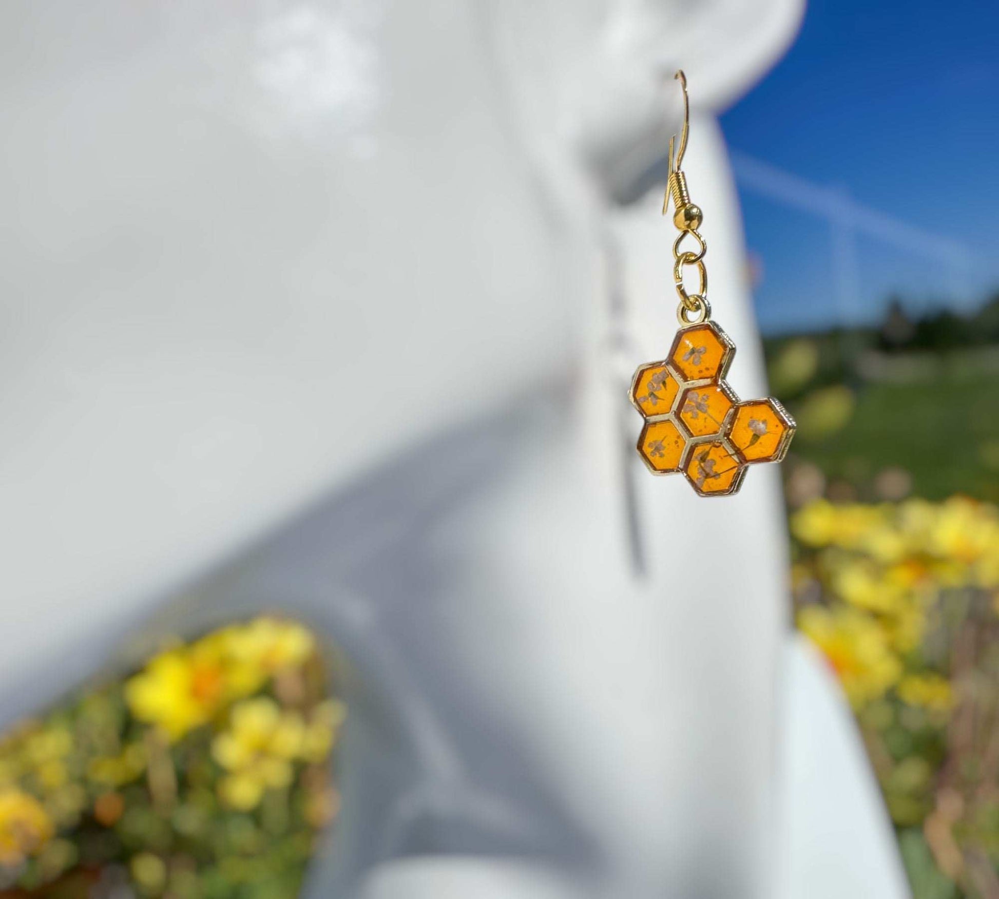 Bee -utiful Bee Drop Earrings Handmade with Flowers & Resin Honeycombs
