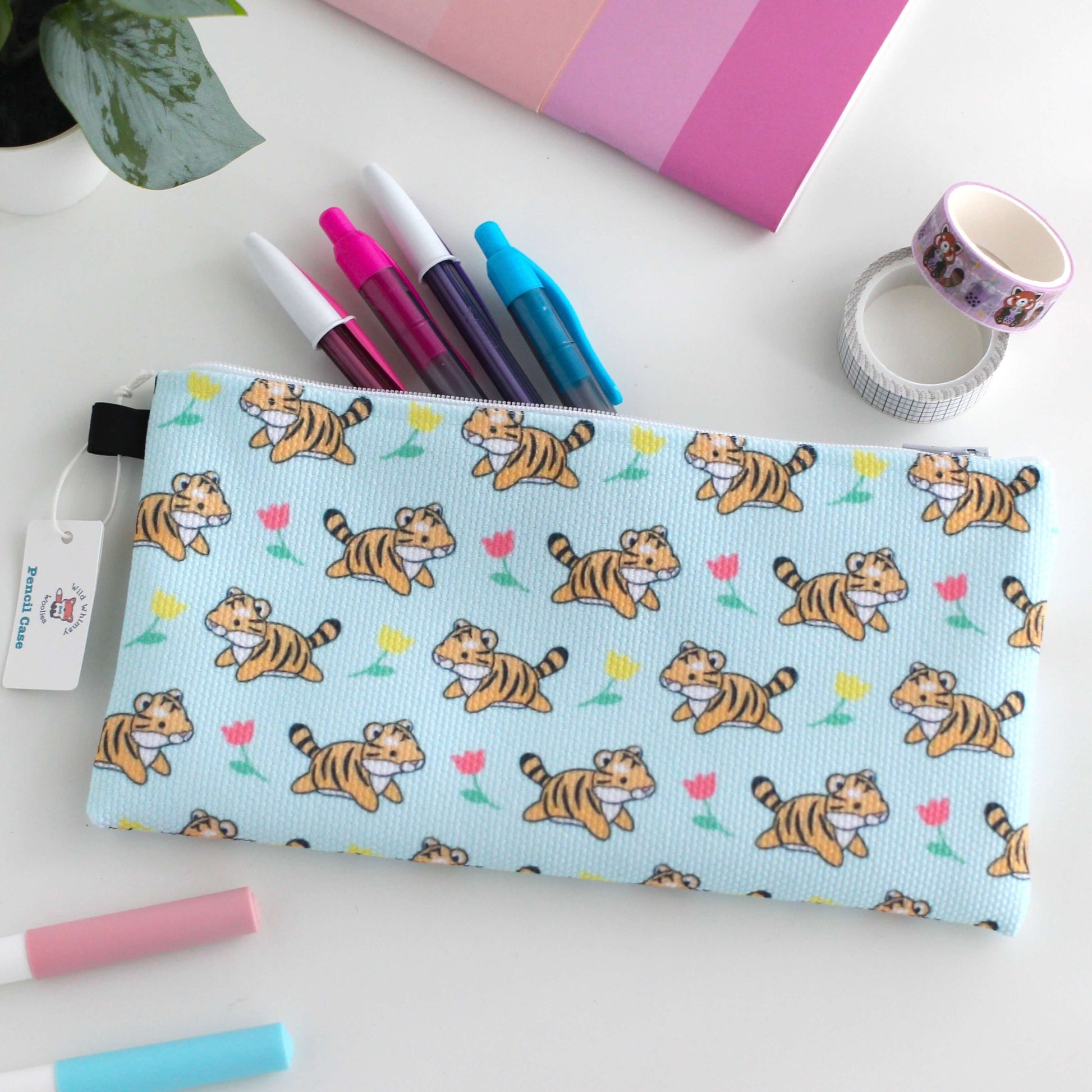 Trousse à crayons/pochette zippée Tigres bondissants avec tulipes
