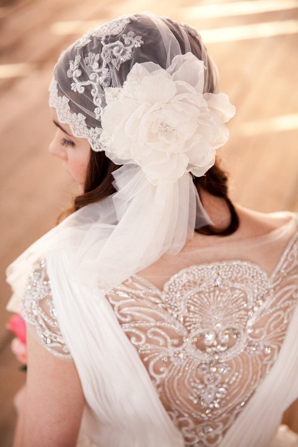 AURORA Beaded Juliet Cap Bridal Veil