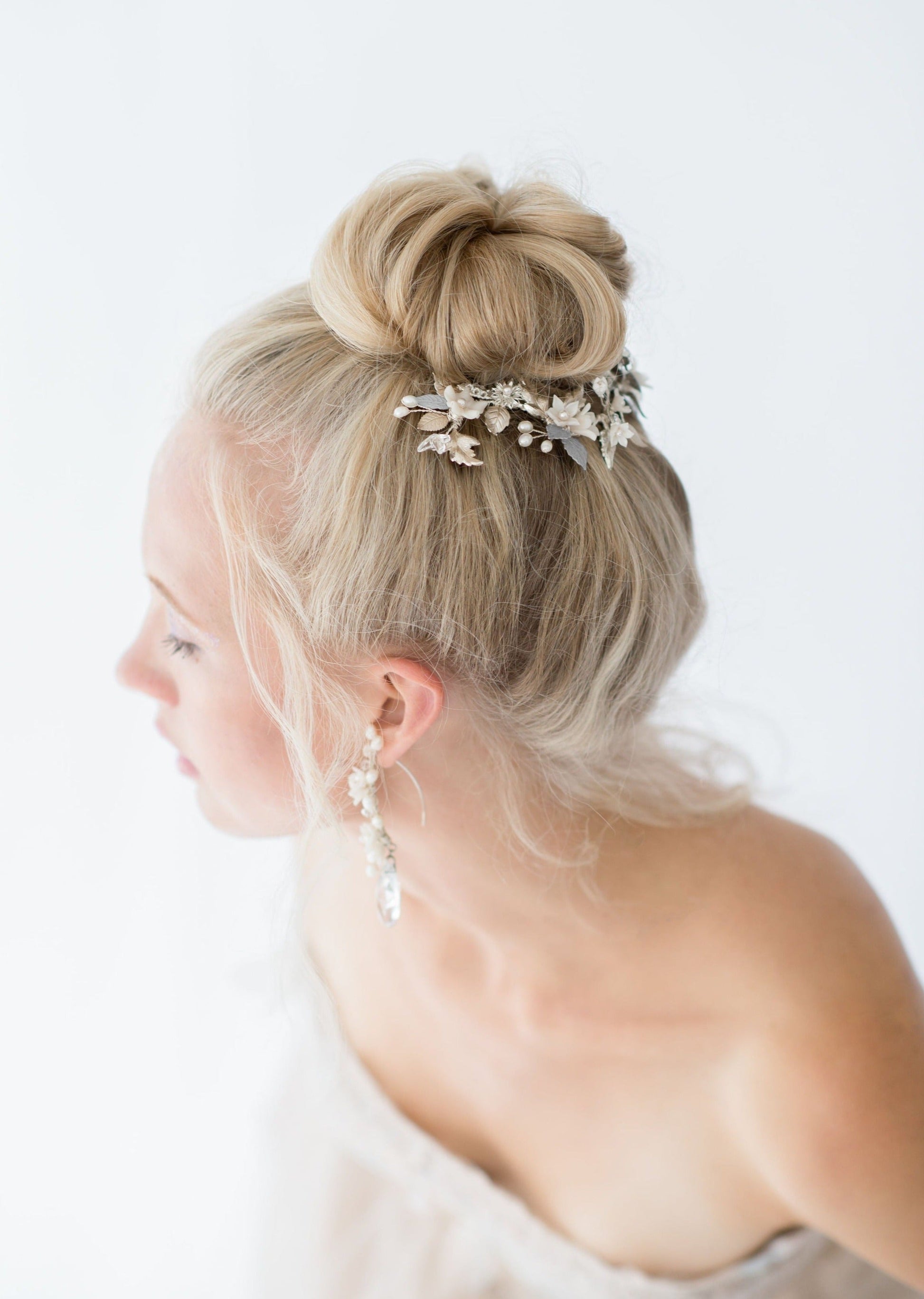 MAY Silver, Champagne & Pewter Bridal Hair Vine with Clay Flowers