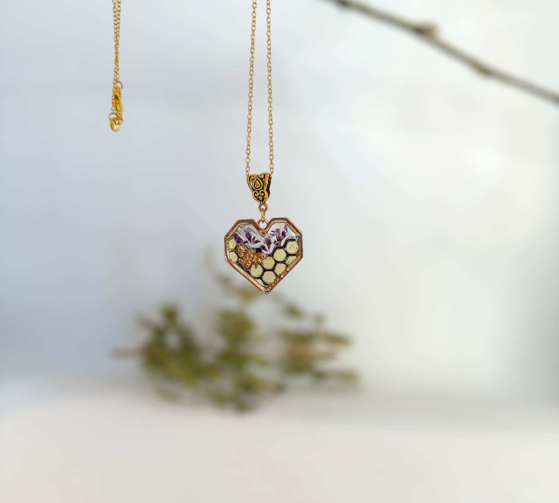 Bee Pendant - Blossom Buzz Harmony Heart - Handmade with Resin & Dried Flowers