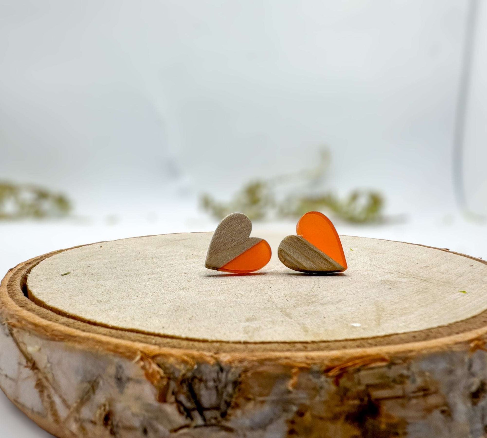 Heartfelt Boho Bliss: Whimsical Wood and Orange Resin Heart Earrings