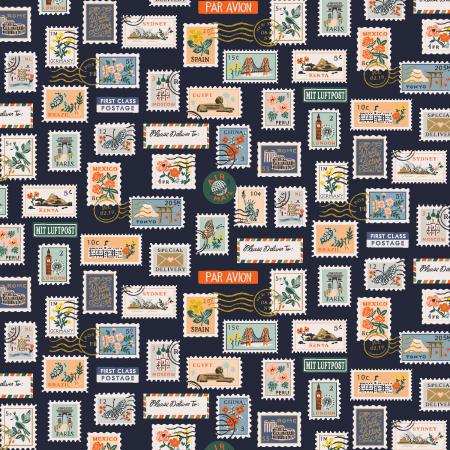 Bon Voyage; Postage Stamps - Navy, 1/4 yard