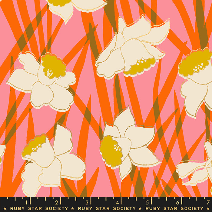 Reverie; Metallic Daffodils - Sorbet, 1/4 yard