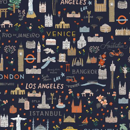 Bon Voyage; World Traveler - Navy, 1/4 yard