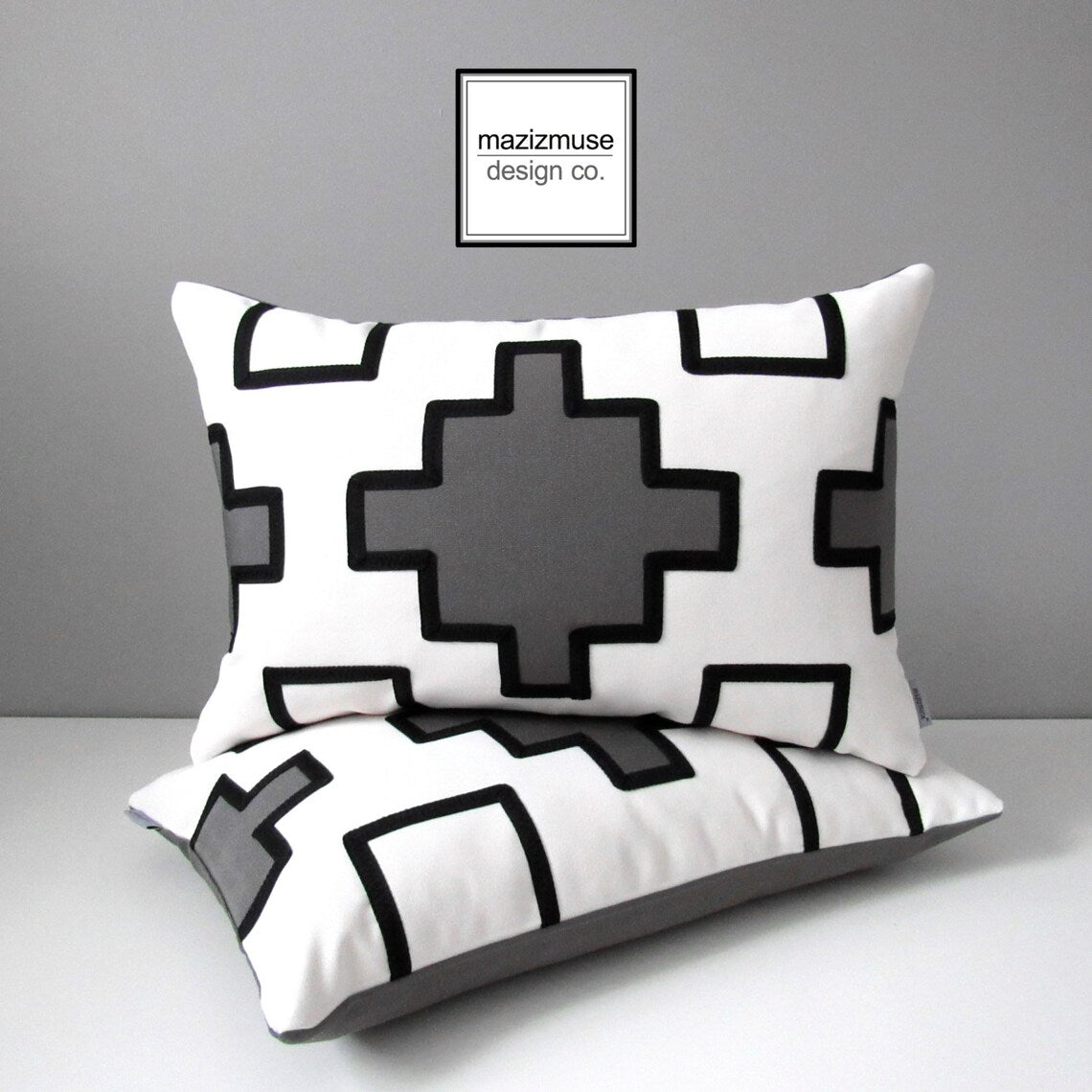 Black & White Outdoor Sunbrella® Pillow Cover with Grey Accent, Geometric Cushions