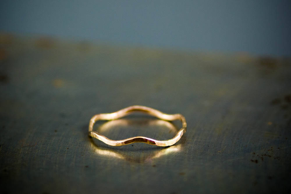 Thin Hammered Gold Wave Ring - 14k Gold Filled Delicate Stacking Ring Gift for Her