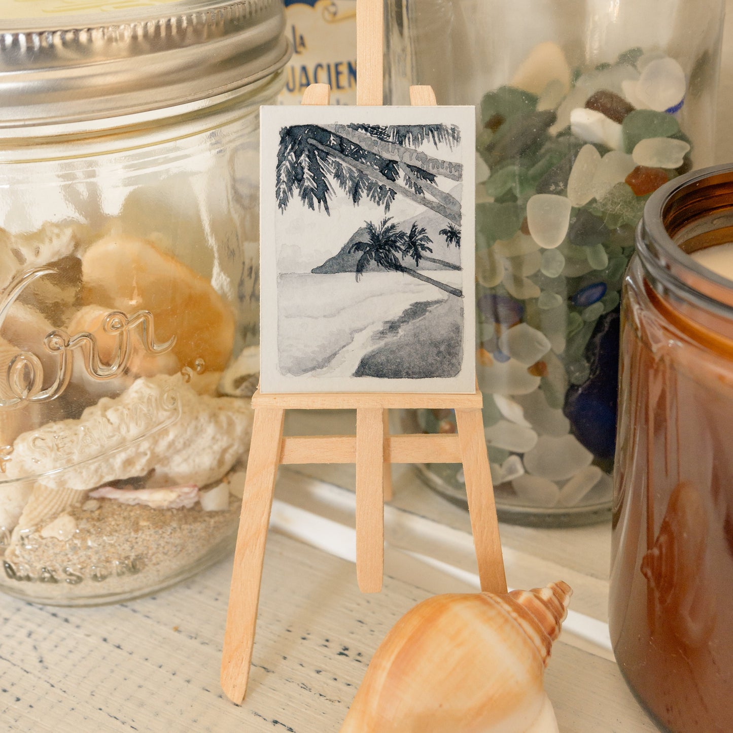 Mini aquarelle représentant des palmiers sur la plage *Peinture originale*