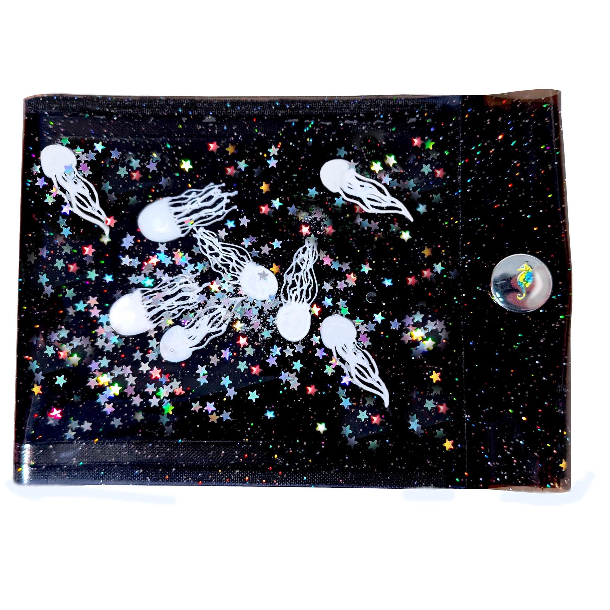 Grand portefeuille à paillettes liquides avec méduses blanches nageant au milieu d'une myriade d'étoiles holographiques scintillantes en vinyle scintillant. Excentrique ! Unique !