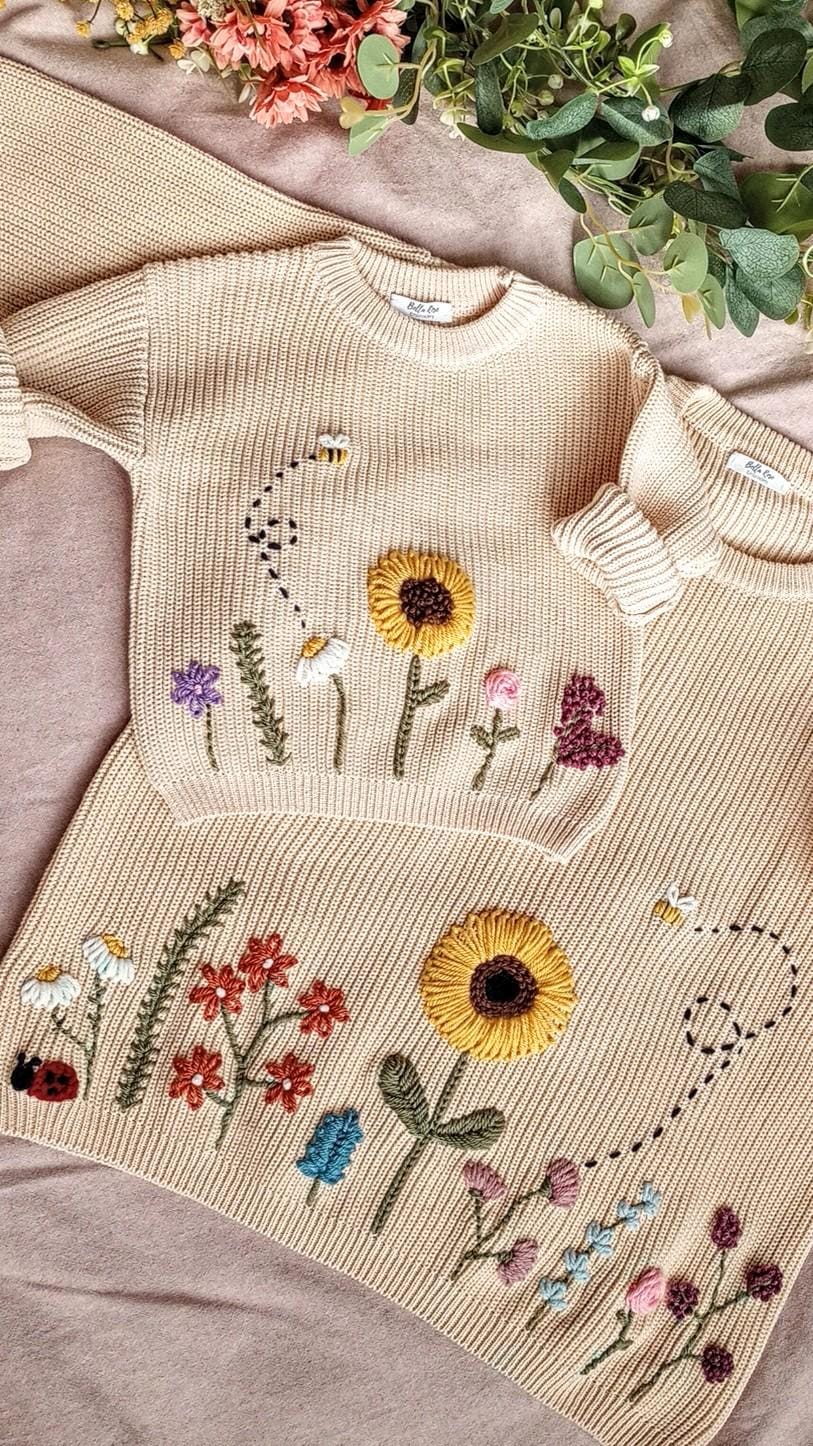 Adult size | Wildflower | Flower Garden | CUSTOM | Hand Embroidered Sweater