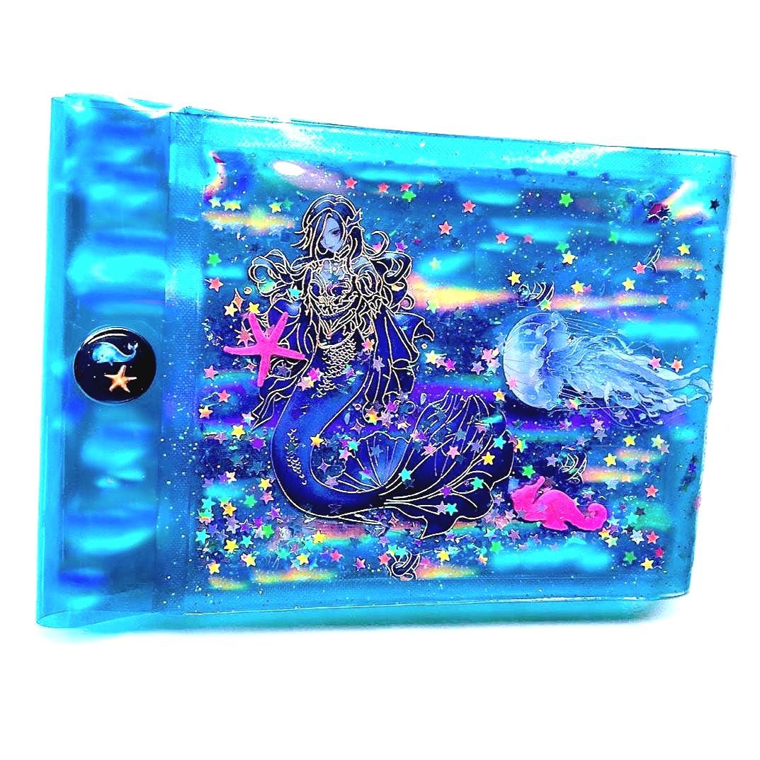 Liquid Glitter Mermaid Wallet. Oceanic Sensory Accessory. Holographic Siren Jellyfish + Pink Seahorses Float with Star Shimmer in Real Waves