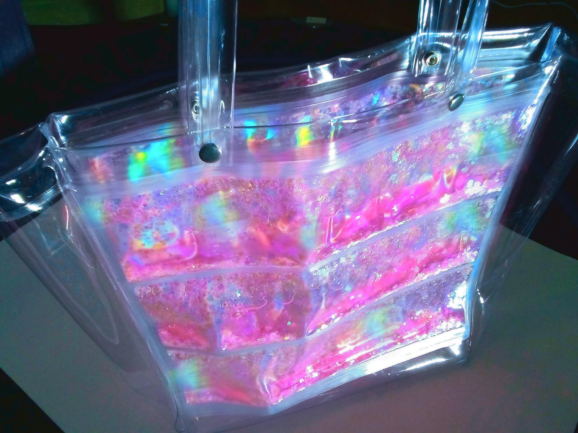 Liquid Glitter Love Tote Bag. Oversized Holographic Practical Laser Handbag with Pink & Iridescent Heart shimmer. Aurora Colours. Romantic !