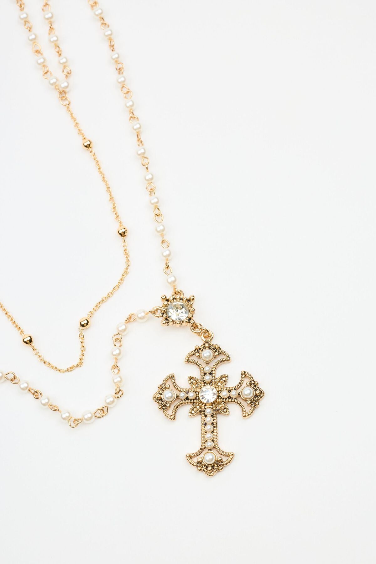 Set of 2 Pearl & Cross Rosary Necklace
