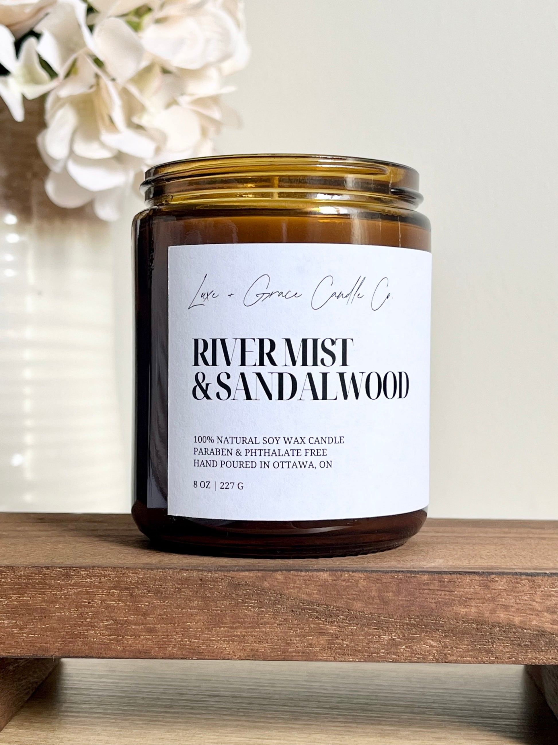 Bougie en cire de soja, Brume de rivière et bois de santal