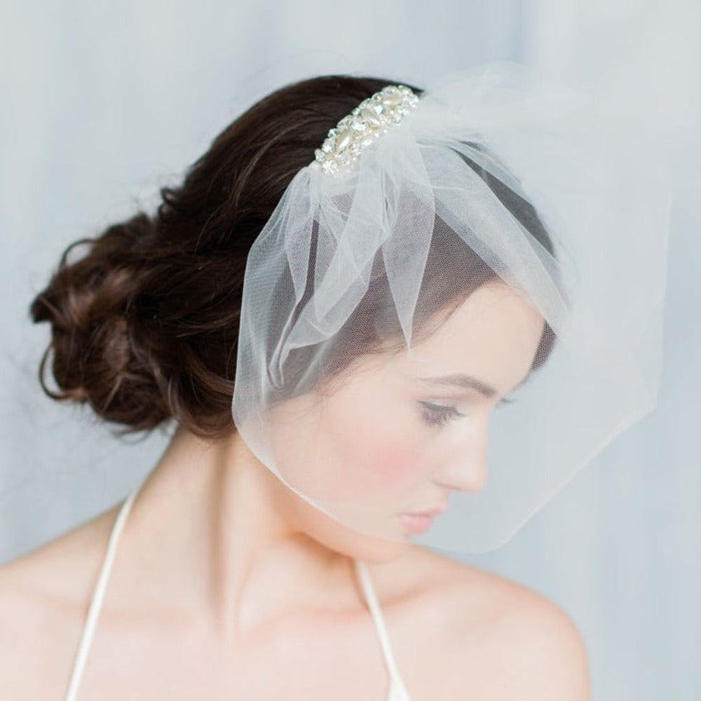 CLAUDIA Tulle Blusher Wedding Veil with Crystal & Pearl Comb