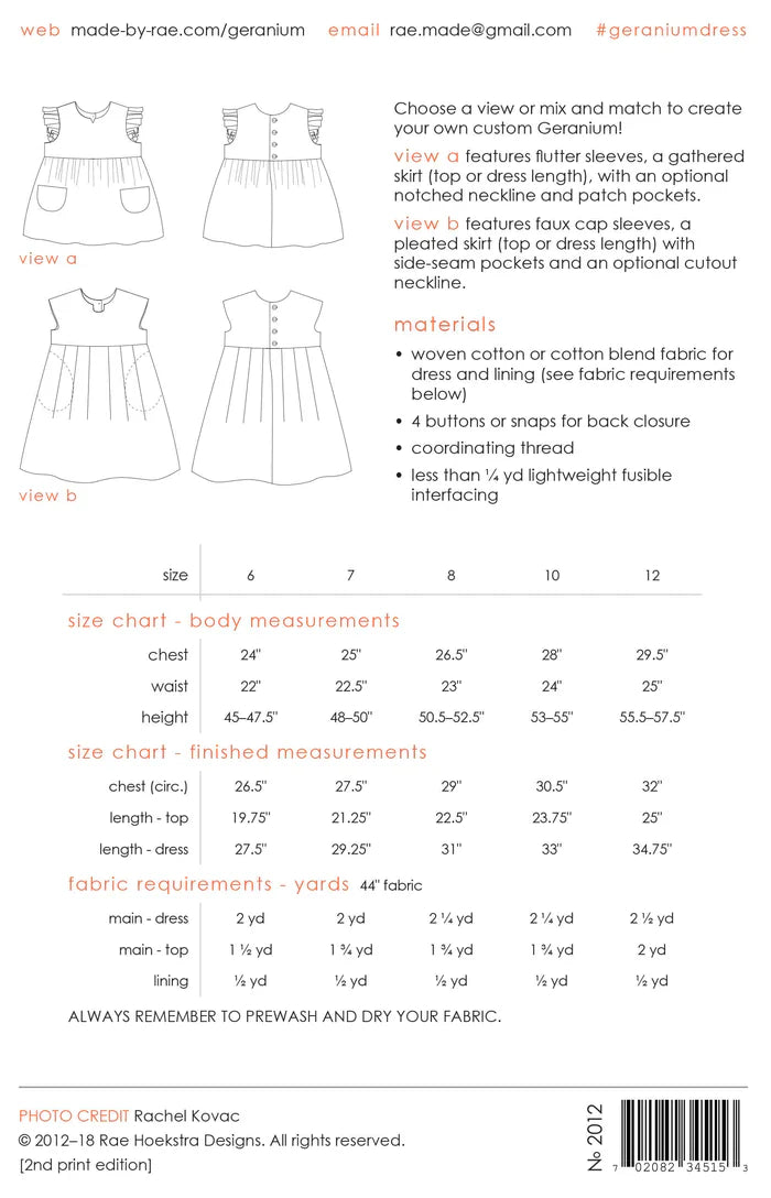 Made by Rae Patterns - Geranium Dress (Sizes 0-5y and 6-12y)