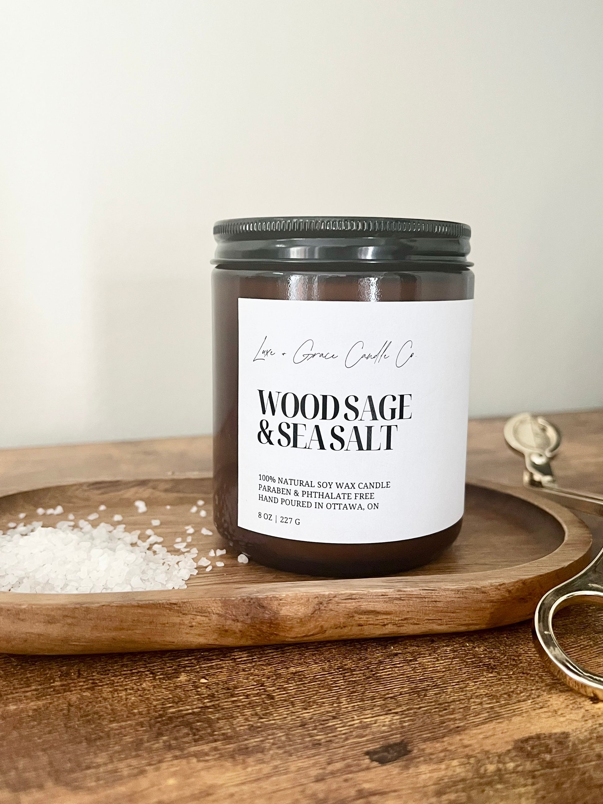 Bougie à la cire de soja, sauge des bois et sel de mer