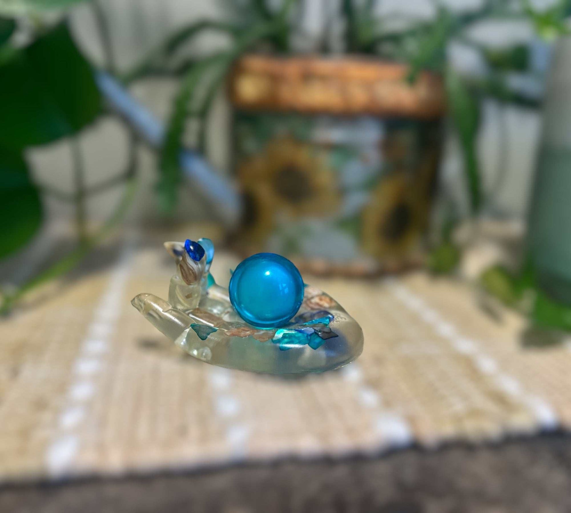 Blue Quartz Crystal Handmade Resin Sphere Hand - Seaside Harmony