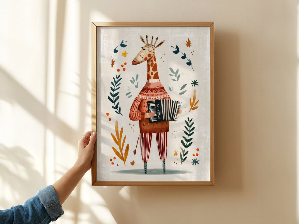 Musical Giraffe Accordion Art Print – Whimsical Nursery Wall Decor