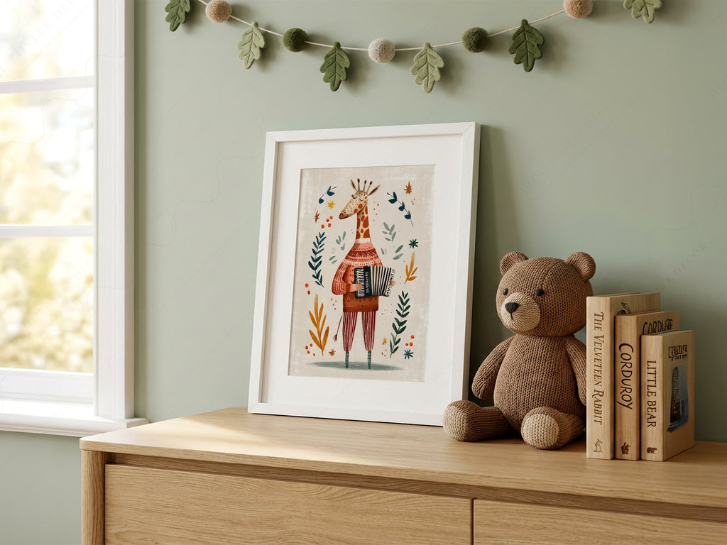 Musical Giraffe Accordion Art Print – Whimsical Nursery Wall Decor