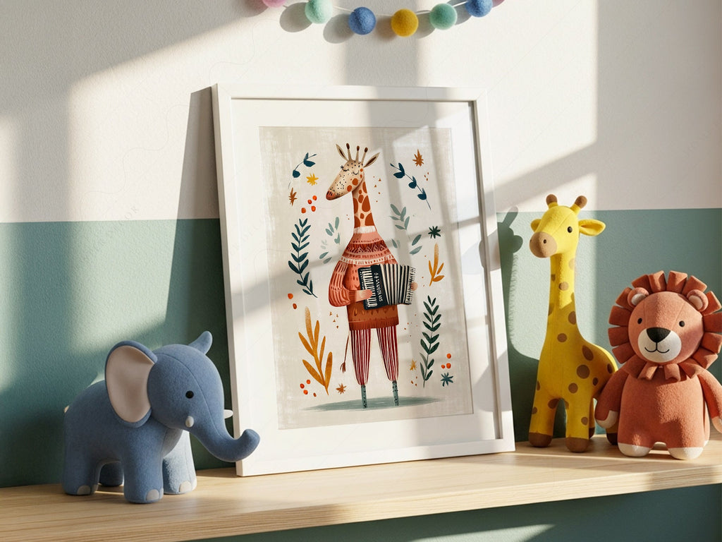 Musical Giraffe Accordion Art Print – Whimsical Nursery Wall Decor