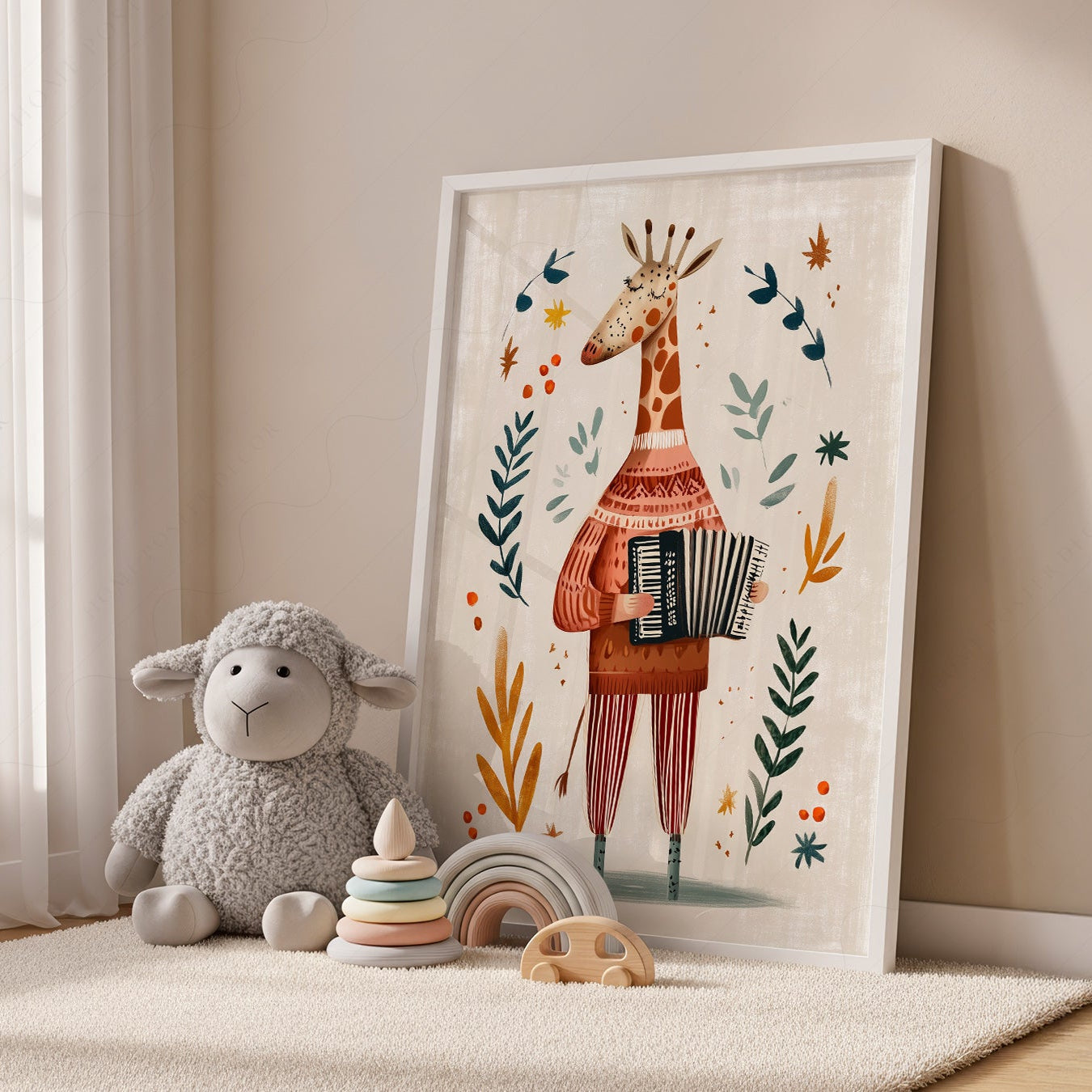 Musical Giraffe Accordion Art Print – Whimsical Nursery Wall Decor