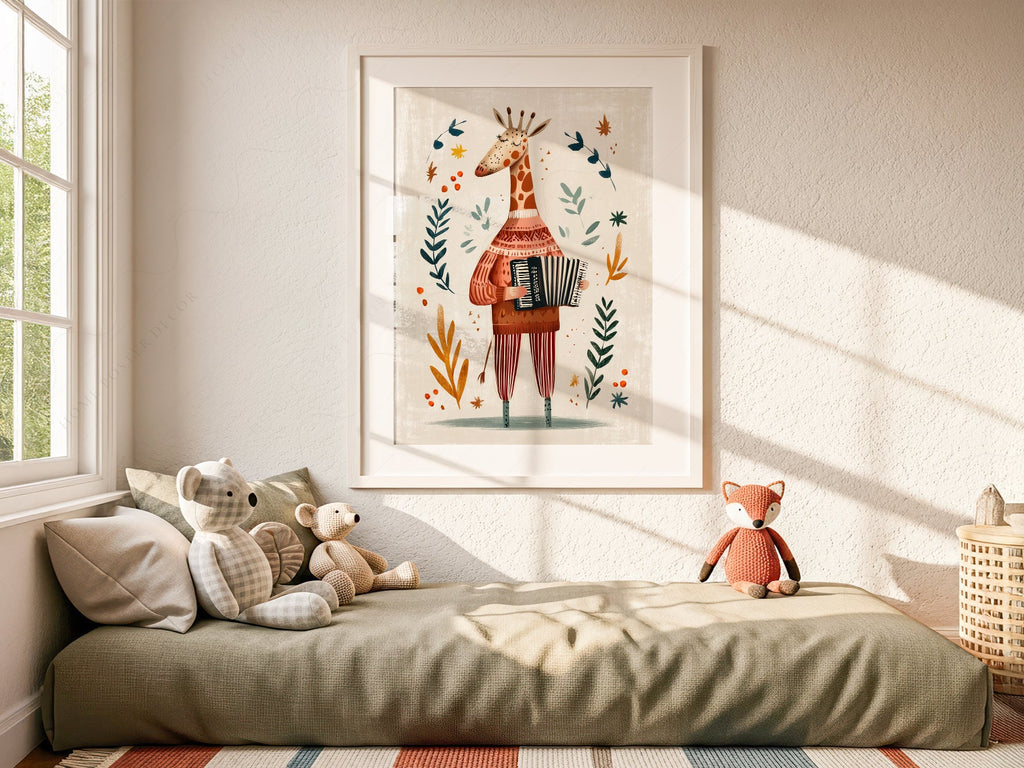 Musical Giraffe Accordion Art Print – Whimsical Nursery Wall Decor