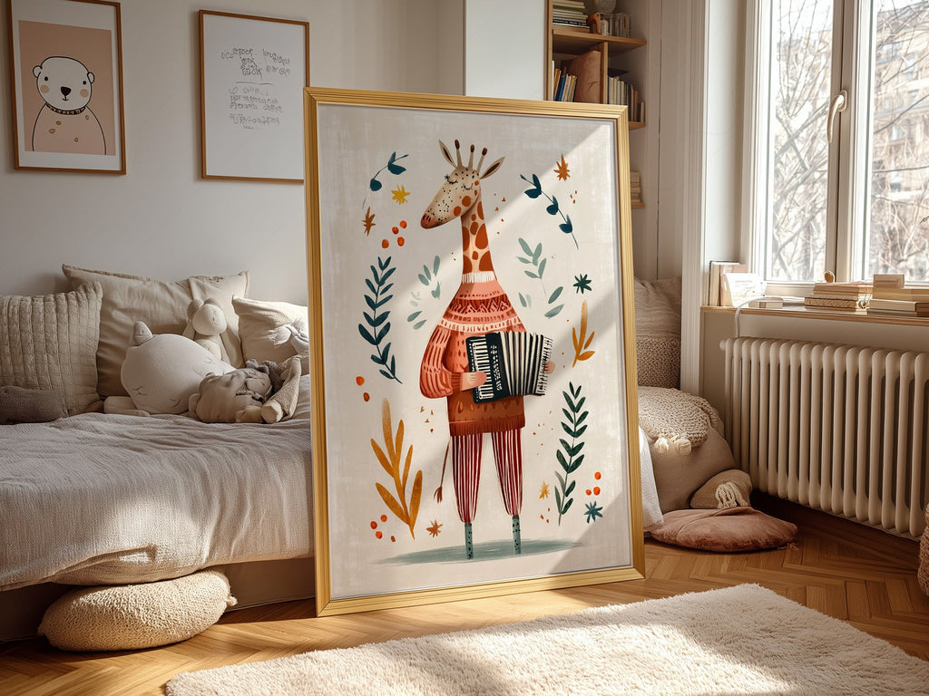 Musical Giraffe Accordion Art Print – Whimsical Nursery Wall Decor