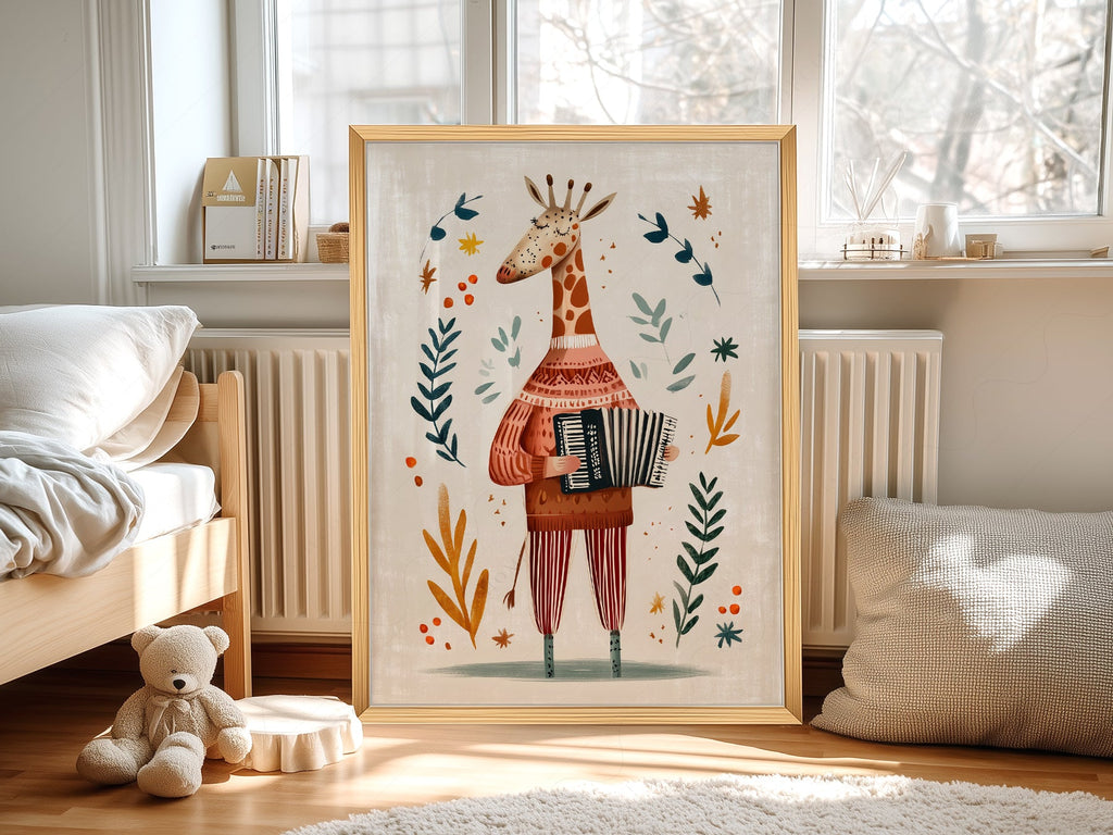 Musical Giraffe Accordion Art Print – Whimsical Nursery Wall Decor