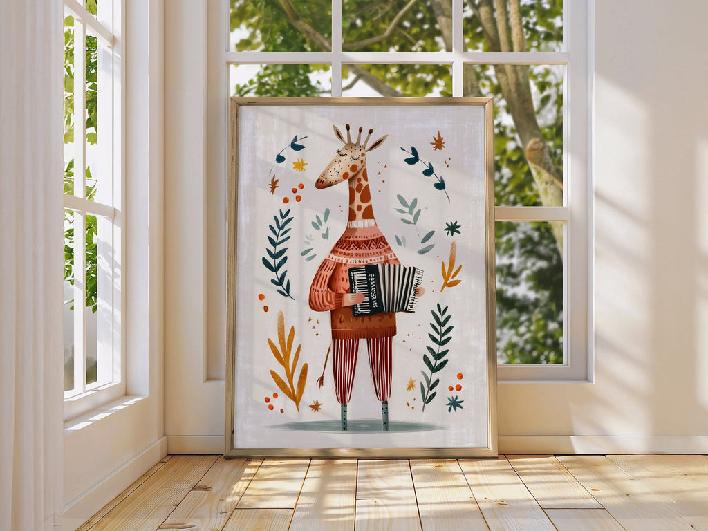 Musical Giraffe Accordion Art Print – Whimsical Nursery Wall Decor