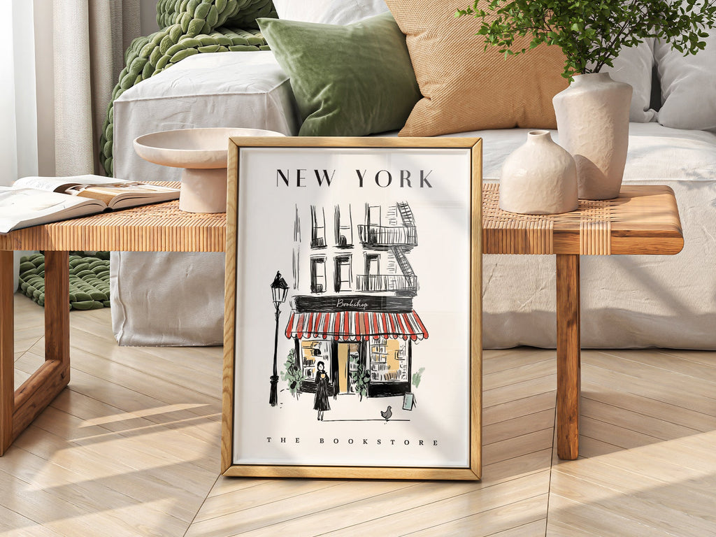 New York Bookstore Art Print – Charming City Illustration Wall Decor