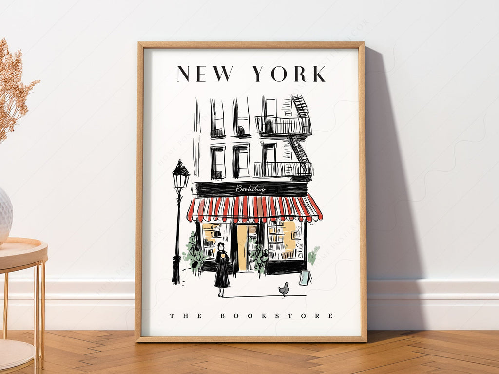 New York Bookstore Art Print – Charming City Illustration Wall Decor