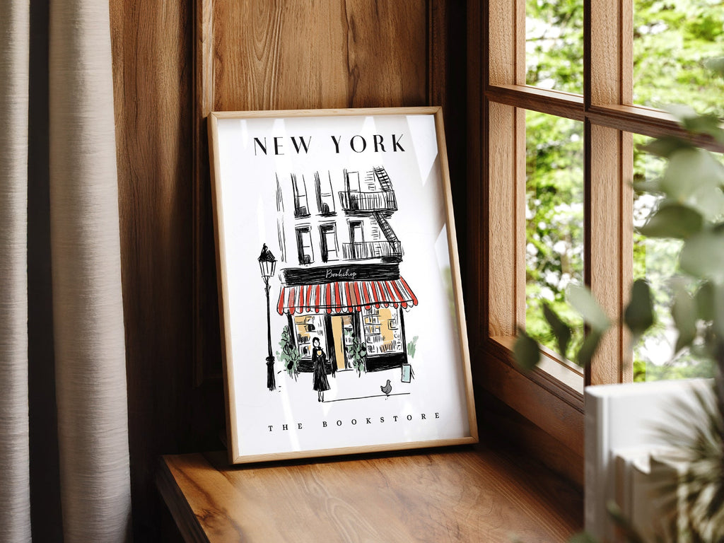 New York Bookstore Art Print – Charming City Illustration Wall Decor